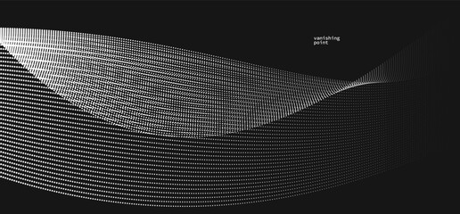 Smooth and relaxing shape vector abstract background with wave of flowing particles over black, curve lines of dots in motion, tranquil and soft image.