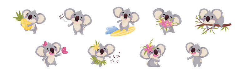 Cute Gray Koala Bear Engaged in Different Activity Vector Set © Happypictures