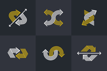 Concept arrows vector logos set isolated, double arrows symbol pictograms collection, stripy icon of arrow.
