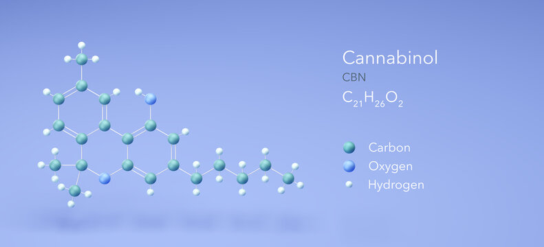 cannabinol molecule, molecular structures, psychoactive cannabinoid, 3d model, Structural Chemical Formula and Atoms with Color Coding