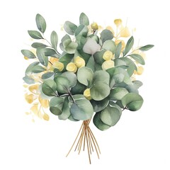 Fototapeta na wymiar Watercolor green and golden eucalyptus leaves. Illustration AI Generative.