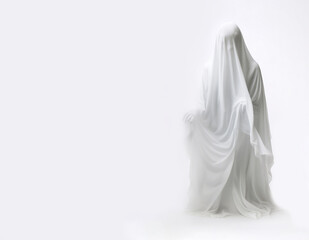 White ghost on white background, copy space, illustration created with Generative AI technology