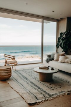 A living room filled with furniture and a view of the ocean. Generative AI image.