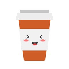 funny plastic takeaway Kawaii coffee cup. Vector illustration in flat style. Isolated on white background.	