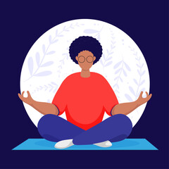 Meditating man in nature around the leaves and sitting on a rug. Illustration for yoga, meditation, and healthy lifestyle. Vector illustration in flat cartoon style.