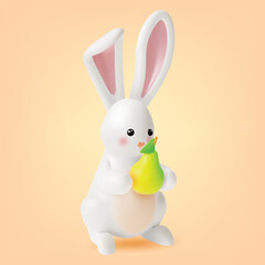 3d Cute White Rabbit holding Pomelo Cartoon Style Symbol of Easter Sunday or Mid Autumn Festival. Vector illustration