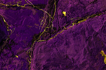 Abstract purple background. Painting with brushstrokes, kintsugi gold crack. Rough art paint smear. Large spots of brush strokes and palette knife on the canvas