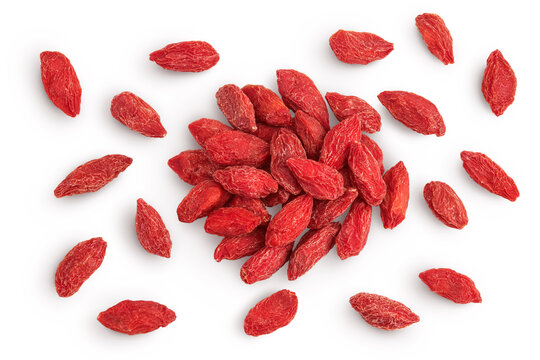 Dried goji berries isolated on white background. Top view. Flat lay.