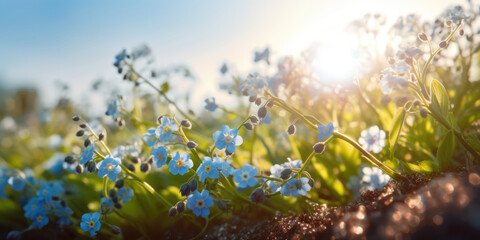 Forget-me-nots. Forget me not flower. Blue spring wildflowers, blooming floral glade. Beautiful background for greeting card for Mother's day, Birthday, Father day, Wedding. Generative ai illust