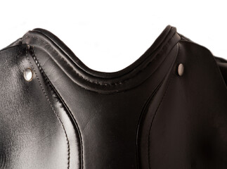 detail of sportive dressage  saddle around white background. macro shot