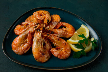 Fried with spices, King prawns, undivided , top view, selective focus, seafood, shrimp, no people,
