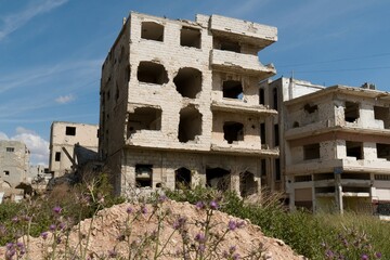 Destroyed houses as a result of the Syrian civil war in Homs city. Syria. 