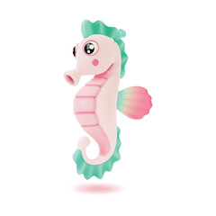 3d Color Sea Horse Cartoon Style Tropical Underwater Aquatic Creature. Vector illustration of Cute Mascot Seahorse