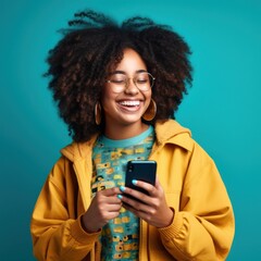 Beautiful african woman looking at the phone, happy smile, color background. Business photo or background. Generative AI