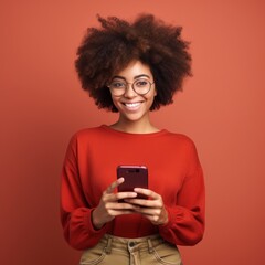 Beautiful african woman looking at the phone, happy smile, color background. Business photo or background. Generative AI