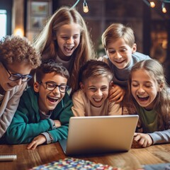 Fototapeta na wymiar Joyful Children Engrossed in a Captivating Mobile Phone Game, Embracing Digital Entertainment and Technological Engagement. Generative AI