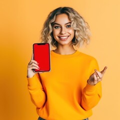 Beautifuln woman looking at the phone, happy smile, color background. Business photo or background. Generative AI