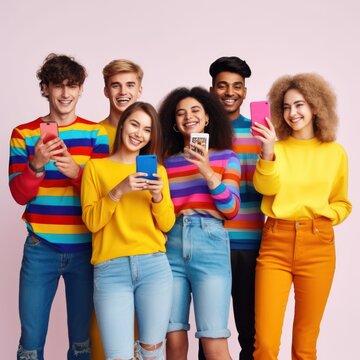 Multiracial group of young friends enjoying and smiling using their mobile phone app. A person holding their phone and looking happy while surrounded by friends or family. Generative AI