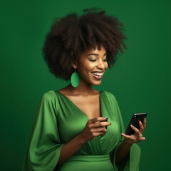 Fototapeta na wymiar Beautiful african woman looking at the phone, happy smile, color background. Business photo or background. Generative AI