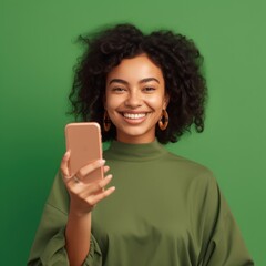 Beautiful african woman looking at the phone, happy smile, color background. Business photo or background. Generative AI