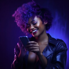 Beautiful african woman looking at the phone, happy smile, color background. Business photo or background. Generative AI