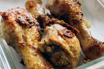 Fried chicken legs lie on a plate after cooking