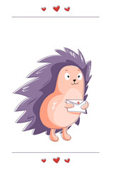 Cartoon cute hedgehog with lilac needles holds a letter, news, compliment in its paws. Animal in love message, wish, place for text. Postcard for congratulations, declarations of love.