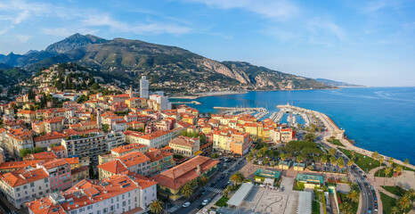 Naklejka na ściany i meble Aerial view colorful old town Menton and sea. French Riviera, France