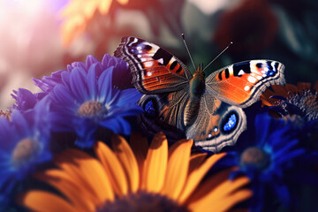 Fototapeta na wymiar A macro shot of a butterfly resting on a flower, created with Generative AI technology