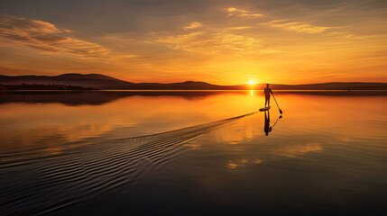 A person paddleboarding on a calm lake at sunset, created with Generative AI technology