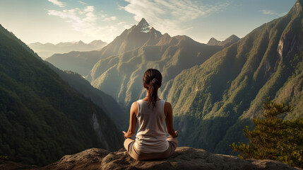 A person practicing meditation on a serene mountaintop, created with Generative AI technology