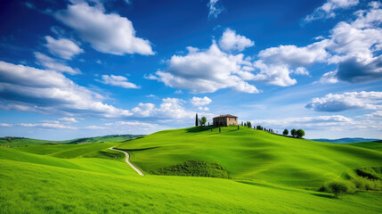 A picturesque countryside landscape with rolling hills, created with Generative AI technology