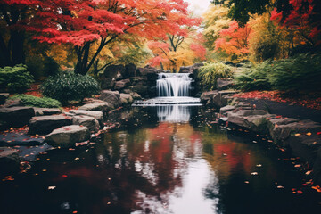 A serene waterfall surrounded by colorful autumn foliage, created with Generative AI technology
