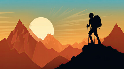 A silhouette of a person hiking up a mountain at sunrise, created with Generative AI technology