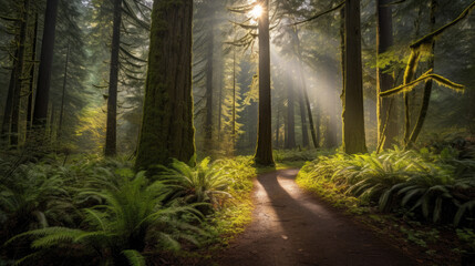 Fototapeta na wymiar A serene forest path with sunlight streaming through the trees, created with Generative AI technology