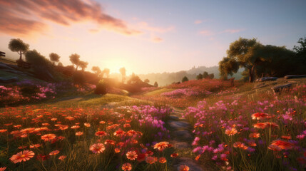 Plakat A vibrant sunset over a field of blooming flowers, created with Generative AI technology