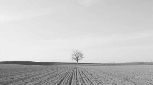 A minimalistic black and white photo of a solitary tree in a fiel, created with Generative AI technology
