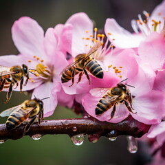 Naklejka premium butterfly and bees drinking nectar from a wild pink white flower on tree fruits water drops at blooming branch flowers 