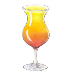 Yellow orange tropical alcohol cocktail. Sex on the beach drink. Hand-drawn watercolor illustration on white background. Design element