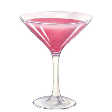 Pink beach tropical alcohol cocktail. Martini drink. Hand-drawn watercolor illustration on white background. Design element