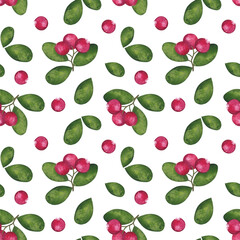 Seamless endless pattern. Cranberry with green leaves, red ripe berries. Botanical drawing. Hand-drawn watercolor illustration on white background