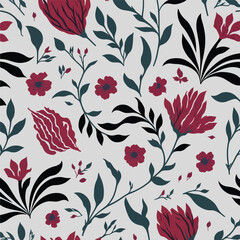 Floral Handdrawn Pattern. Hand painted watercolor flowers an leaves.