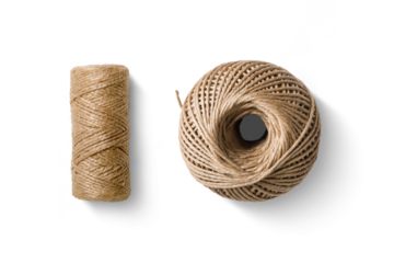 Top view of a natural jute twine string ball and roll isolated on a transparent background, PNG. High resolution.
