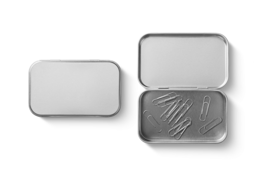 Top view of a silver metal box,  isolated on a transparent background, PNG. High resolution.
