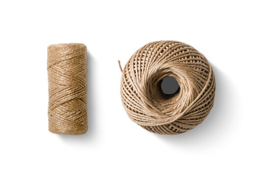 Top view of a natural jute twine string ball and roll isolated on a transparent background, PNG. High resolution.

