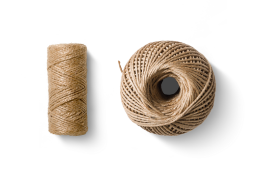 Top view of a natural jute twine string ball and roll isolated on a transparent background, PNG. High resolution.
