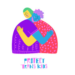 Queer people showing affection to each other and a hand written phrase. Celebrating pride month and the LGBTQ plus community. Vibrant acid colors. 