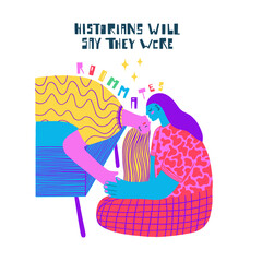 Queer people showing affection to each other and a hand written phrase. Celebrating pride month and the LGBTQ plus community. Vibrant acid colors. 
