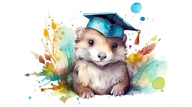 Cute Litte Animal Painted Aquarell First day of School University ferret