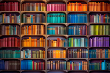 A library filled with many colorful books on the shelves. Generative AI Illustration.